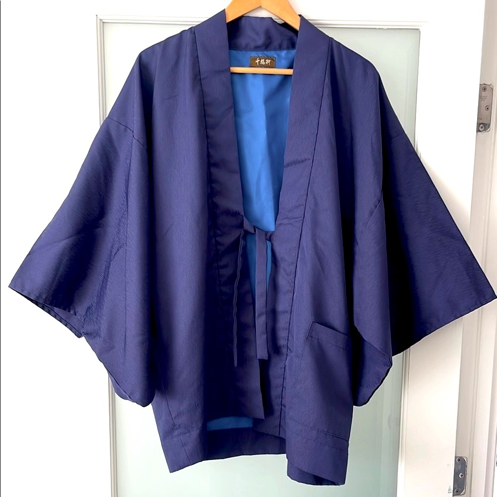 Made in Japan Navy Blue Kimono Jacket Haori Tie Front Unisex One Size